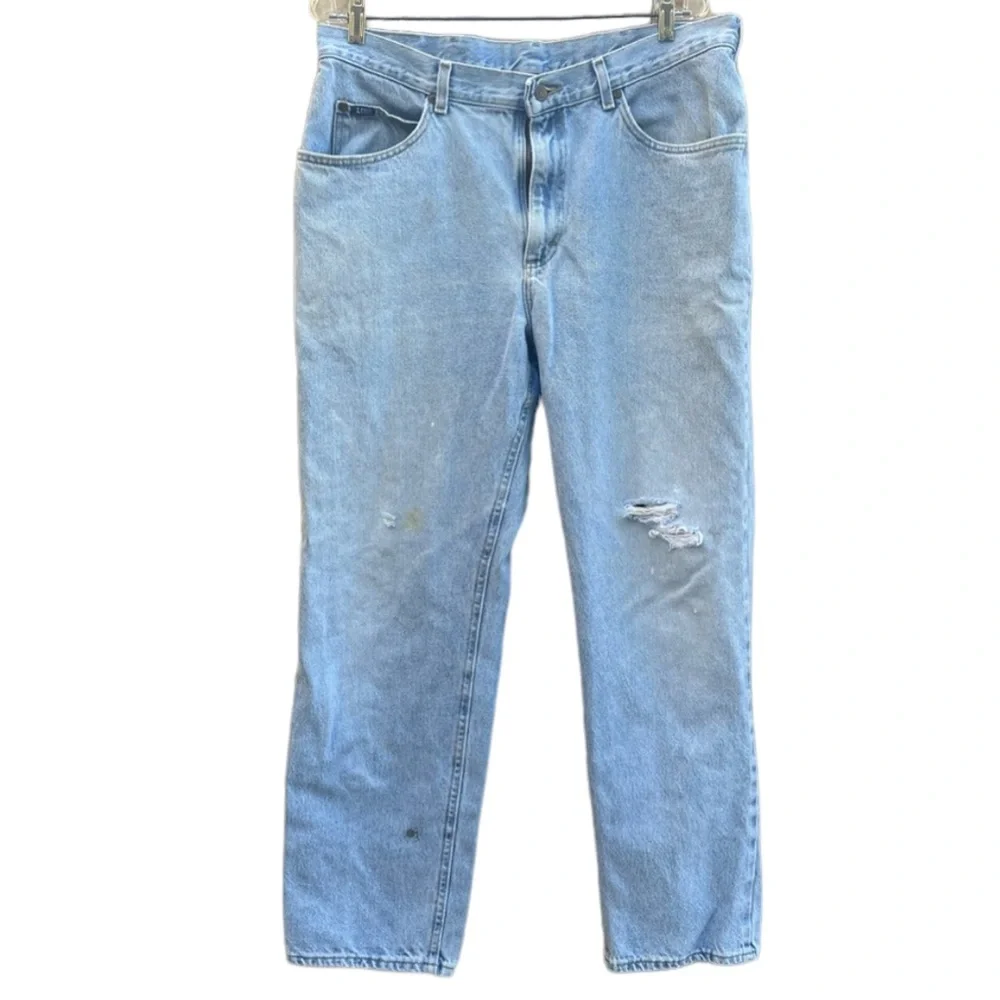 Lee Light Wash Ripped Frayed 5 Pocket Mens Blue Denim Jeans Size 37 x 29